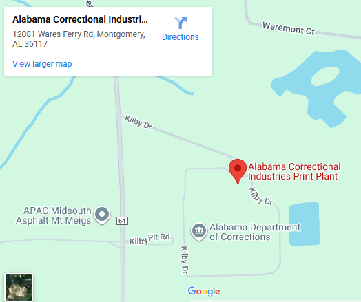 Map to Alabama Correctional Industries Print Plant